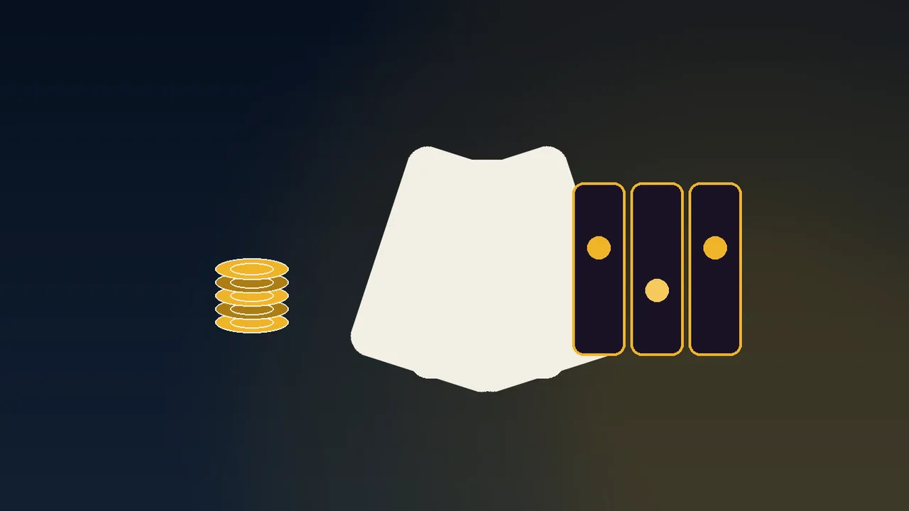 Navy casino felt with a gold paytable card and stacked chips, the Reel Kingdom motif