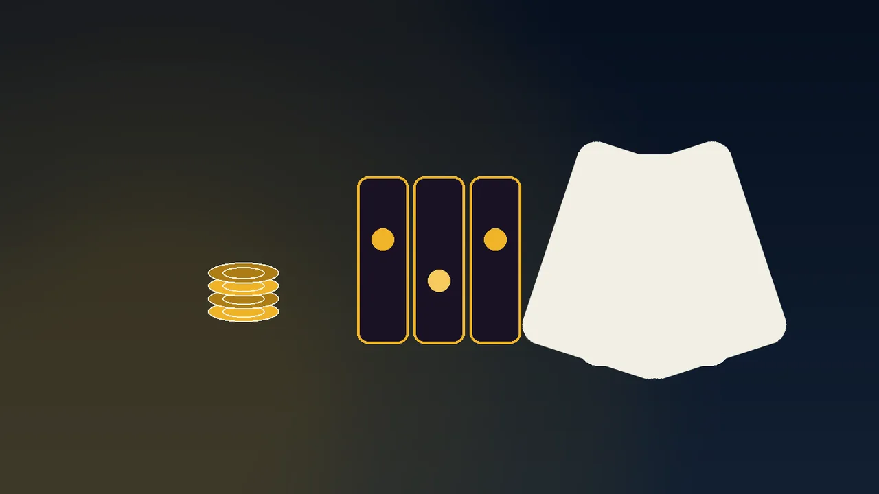 Gilded paytable card rising above navy reels with gold high-stake chips