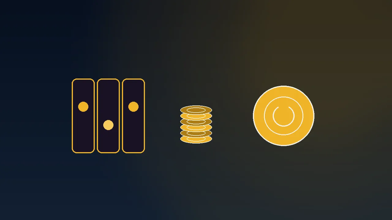 Gold coins stacked on a navy paytable with reel icons