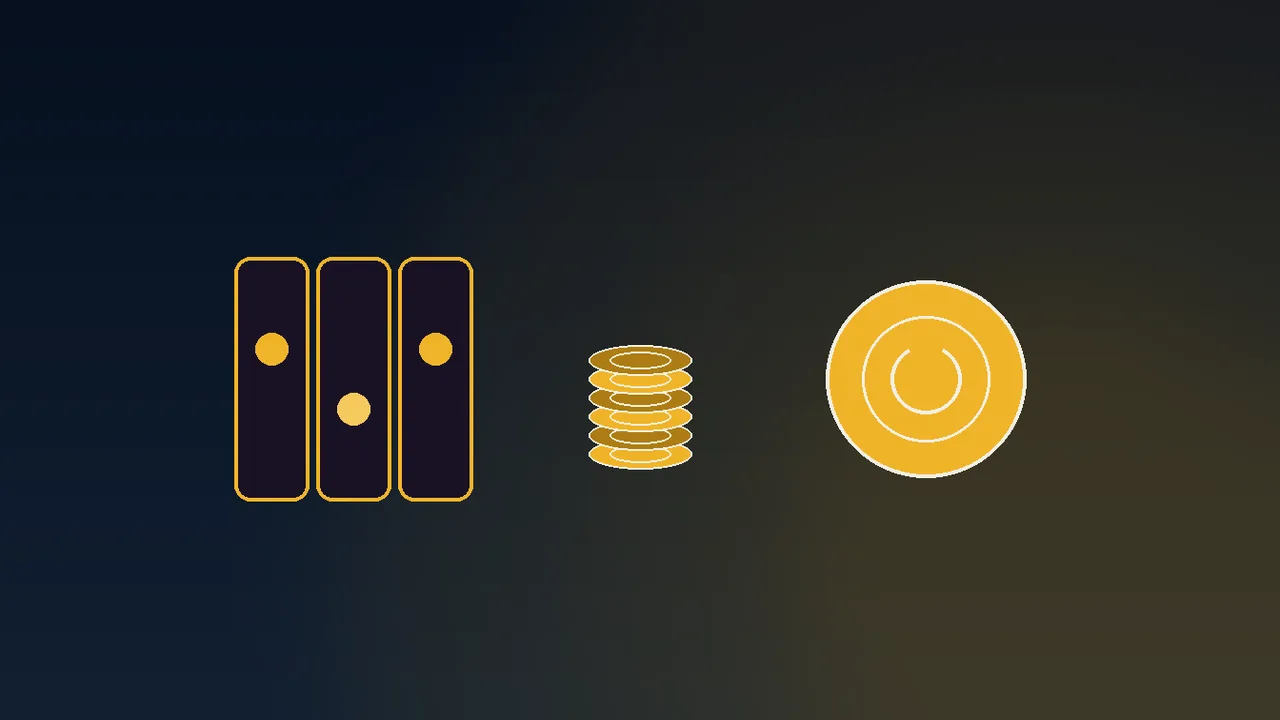 Navy and gold exchange table with coin stacks beside slot reels
