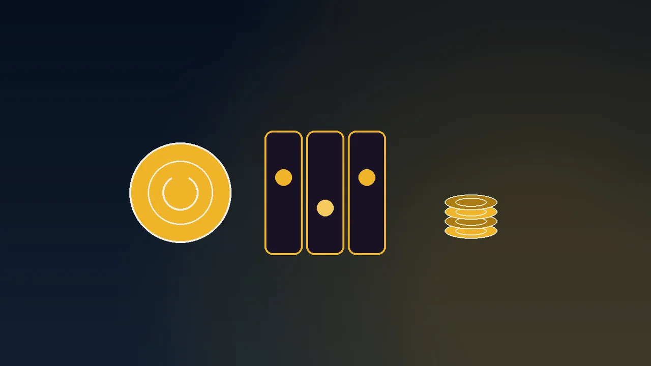 Five gold coins above a small navy casino paytable grid