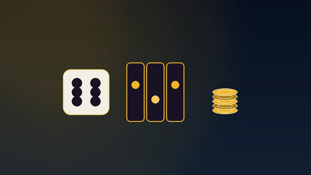 Navy reel set with gold fish symbols above a volatility band chart